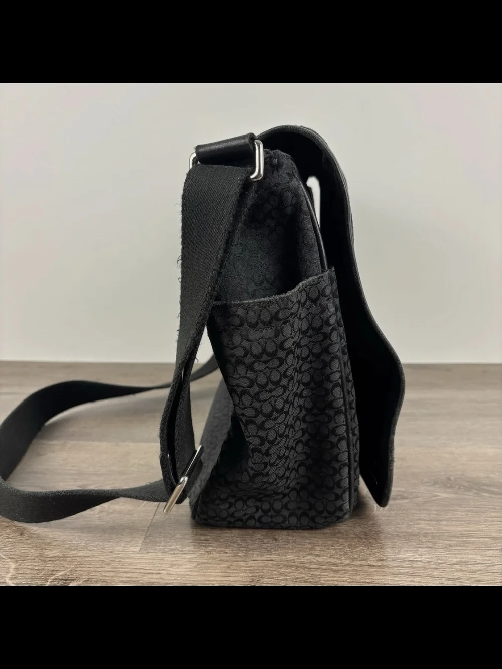 Coach Black Signature Jacquard Messenger Bag with Center Leather Panel